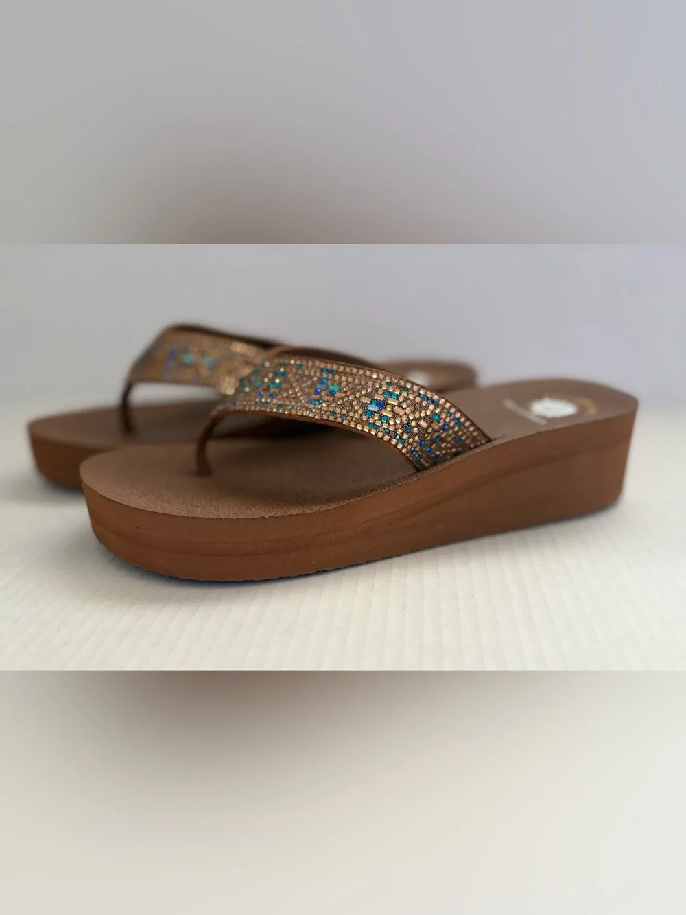 Yellow Box Penny flatform sandals blue & gold beaded detailing leather strap 8.5 - Picture 3 of 8